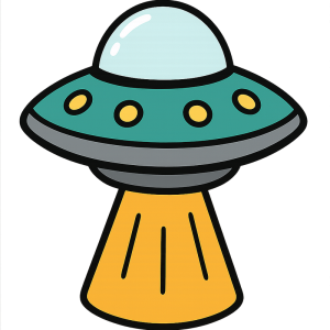 Camiseta con ilustración caricaturesca de un OVNI flotando, estilo geek y colores llamativos